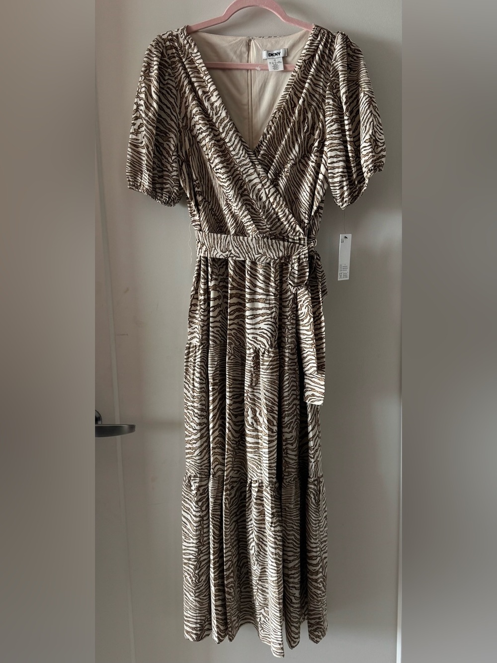 DKNY Brown and Cream Zebra-Print Wrap Maxi Dress